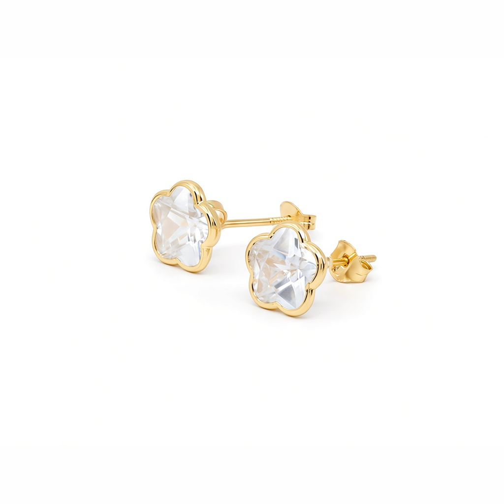 14K Yellow Gold Fashion Flower Stud Earrings with Cz Stone / 6-756901PS8
