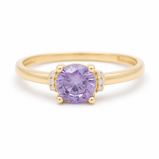 14K Yellow Gold Women's Fashion Ring with Purple Cz Stone / Size: 7.75 / Weight: 1.6 GR