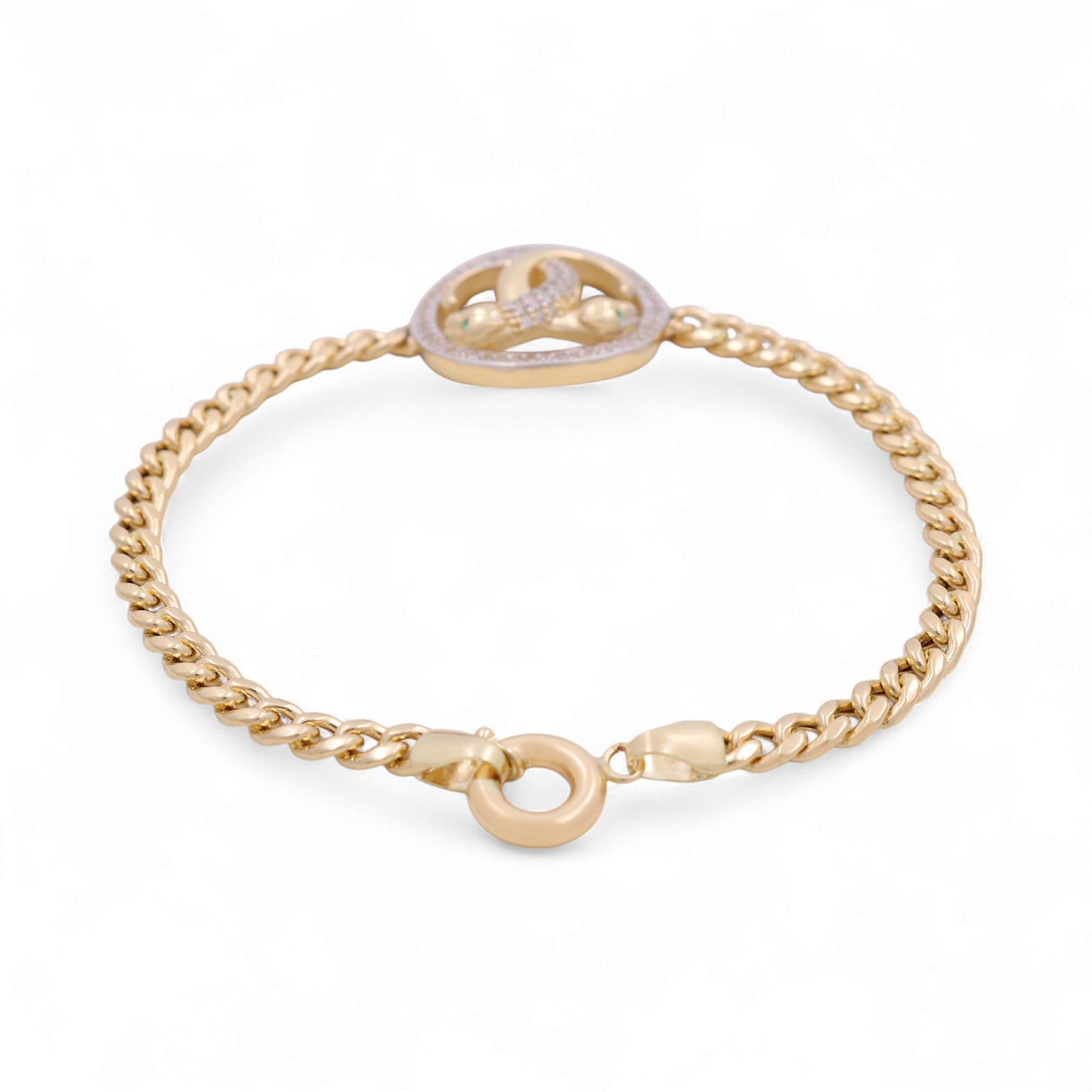 14K Yellow Gold Cuban Link Women's CC Bracelet with Panthers and Cz / Size: 7.5" / Weight: 8.3 GR