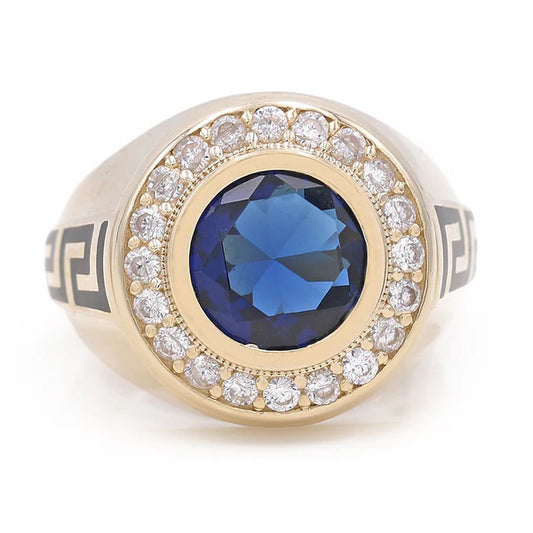 BOMR4FS-8 14k B Cz Size 10.5 Weight 10.2 GR Redondo Mens Ring with black enamel Greek and BLUE Cz