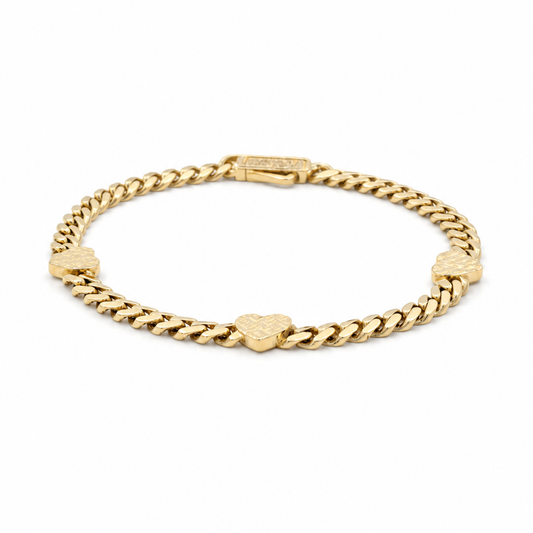 10K TF Yellow Gold Women's Three Diamond Cut Heart Bracelet / Size: 7" / Weight: 4.6 GR