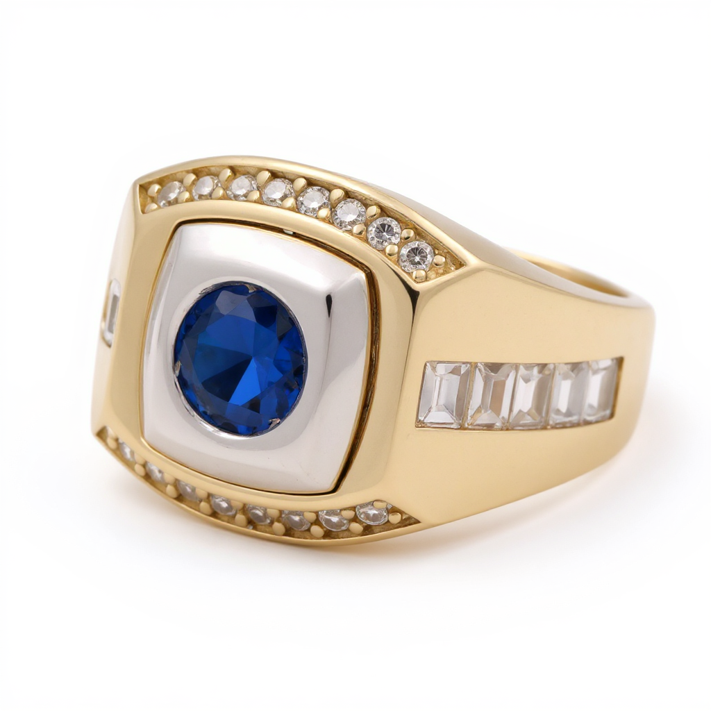 10K Two Tone Gold Men’s Blue Stone Ring w/ side Baguette / Cz / Size 11.5 / Weight: 5.3 GR /CQMR0FS-1