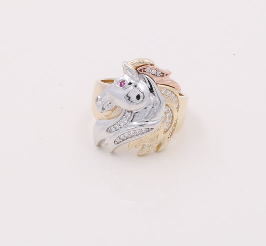 KEMR3T4HR 14k K Cz Size 9.5sz Weight 8.8gr Three Tone Horse Men's Ring