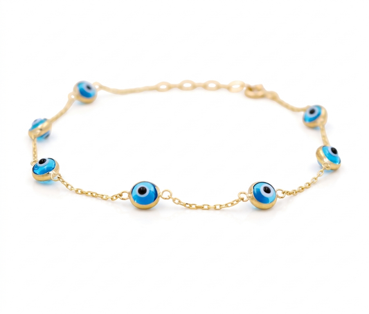 10K Yellow Gold Light Blue Eyes Women's Bracelet / Size: 7.5" / Weight: 1.6 GR