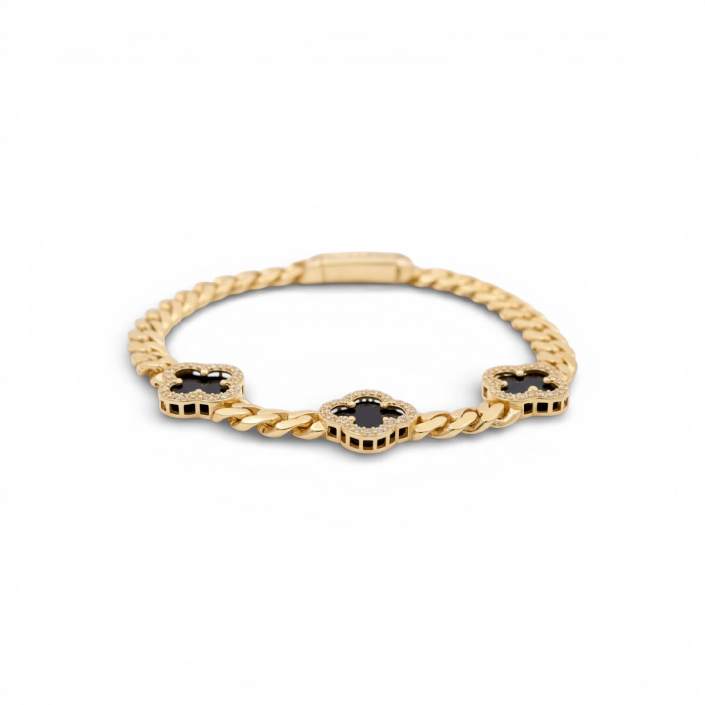10K Yellow Gold Monaco Women's Bracelet with Three Black Clovers / Cz / Size: 7.25" / Weight: 11.1 GR/ DOWB0MONCLV-1