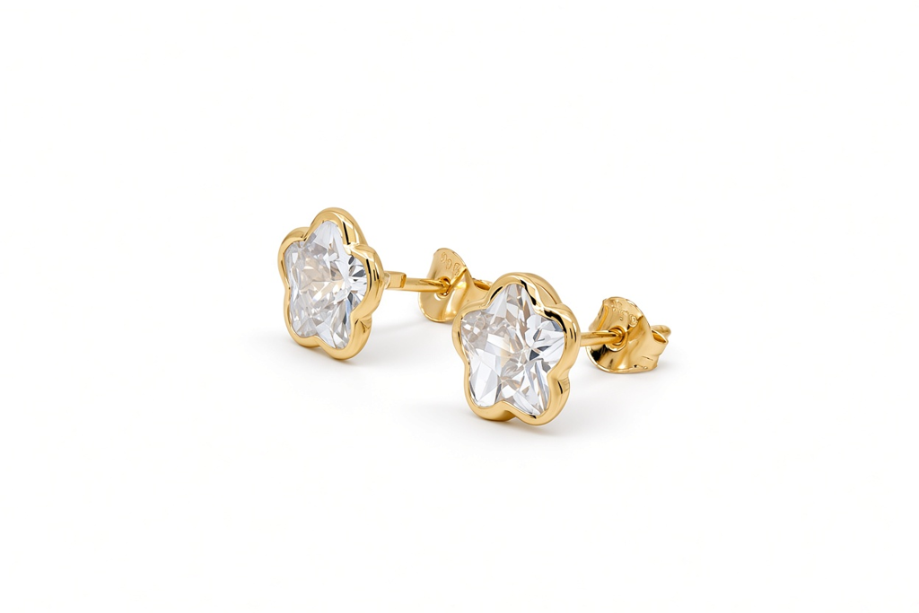 14K Yellow Gold Fashion Flower Stud Earrings with Cz / 6-756901PS7