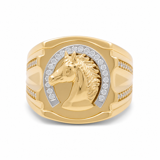 14K Yellow Gold Men's Horse Ring with Cz Stone / Size: 10 / Weight: 12.7 GR