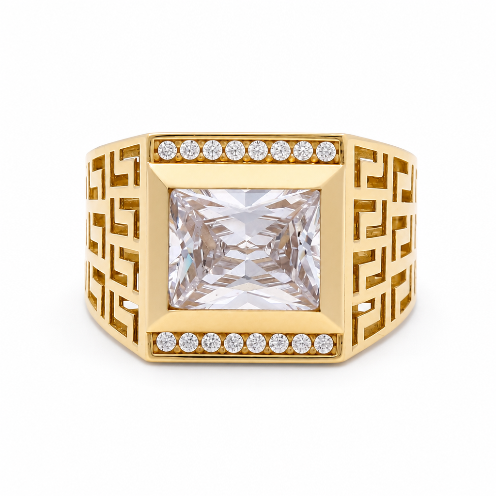14k Yellow Gold Square Men's Ring with Greek and Cz / Size 10 / Weight 8.1 GR