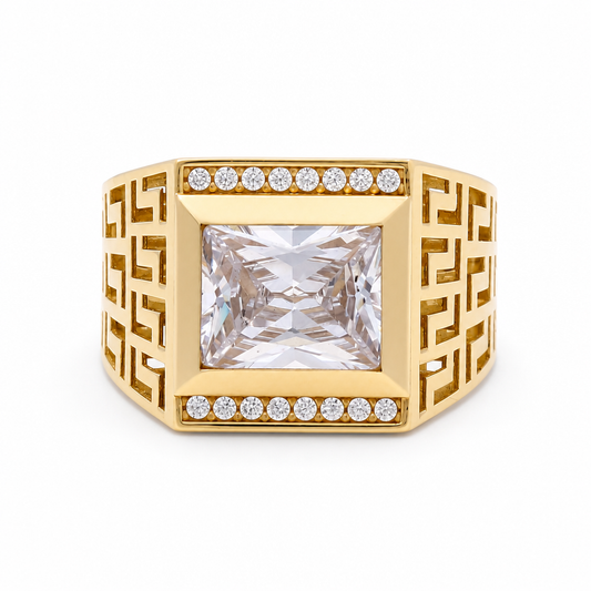 14k Yellow Gold Square Men's Ring with Greek and Cz / Size 10 / Weight 8.1 GR