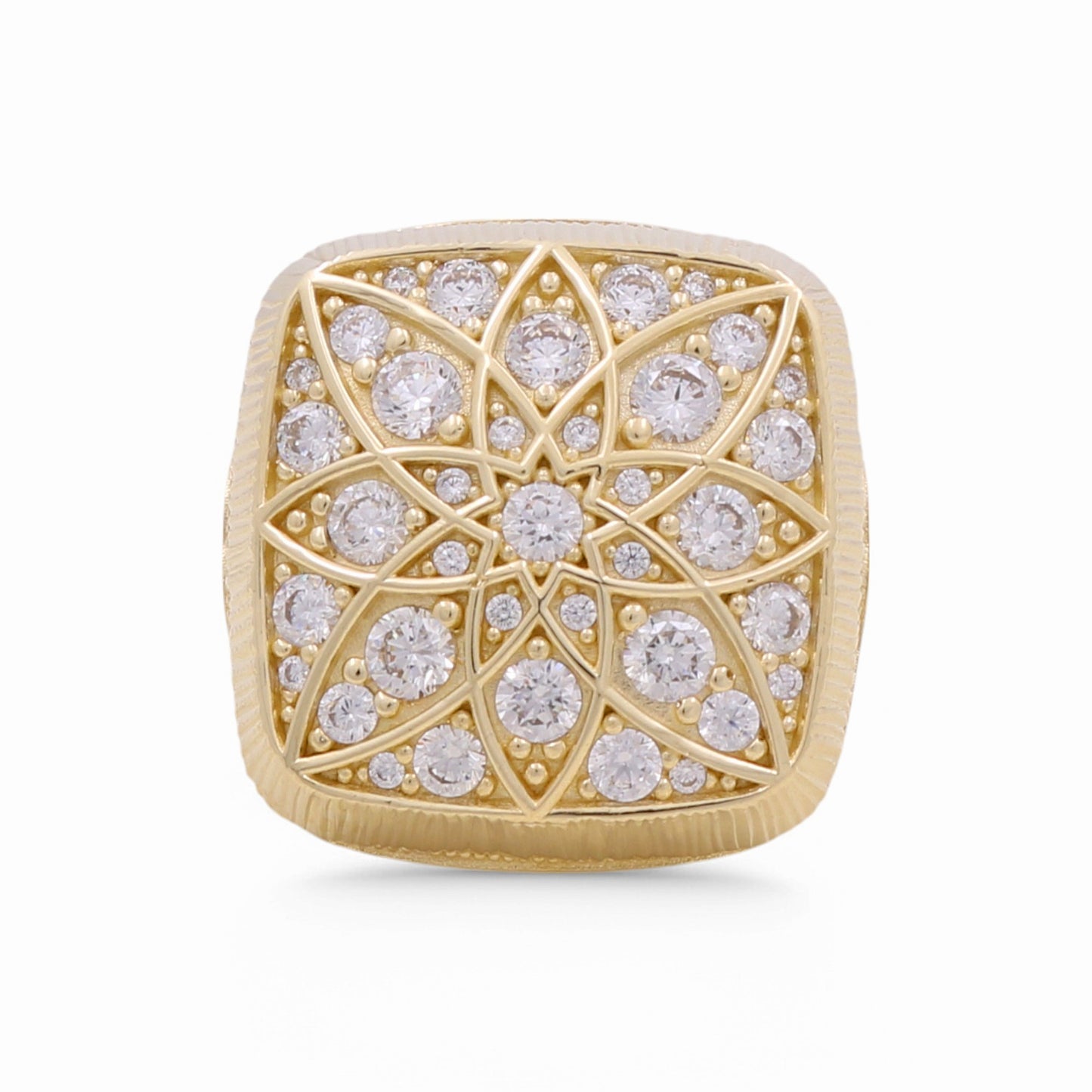 10K Yellow Gold Men’s Ring SQ Rosetta Style White Stones / Size 10.5 / Weight: 14.1 GR / Y24-239