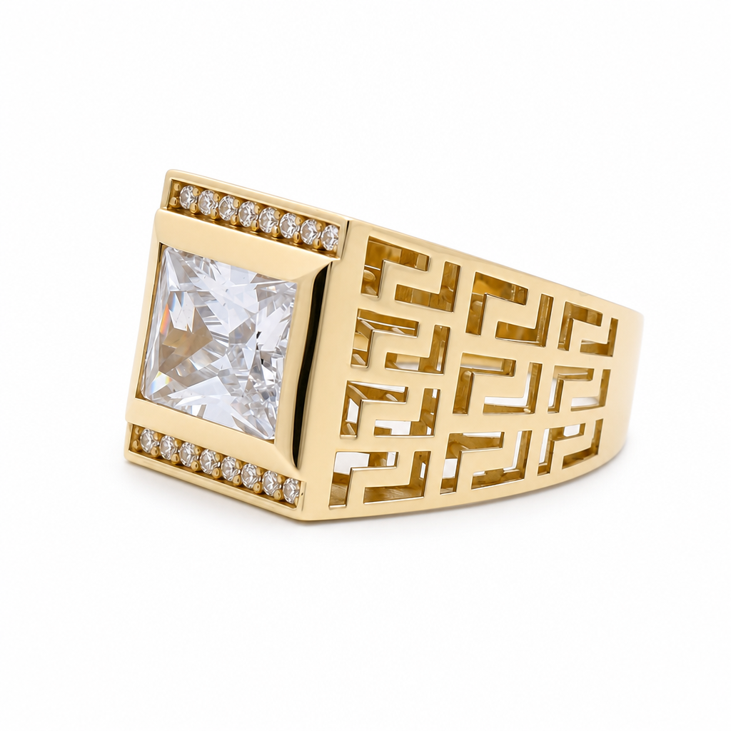 14k Yellow Gold Square Men's Ring with Greek and Cz / Size 10 / Weight 8.1 GR