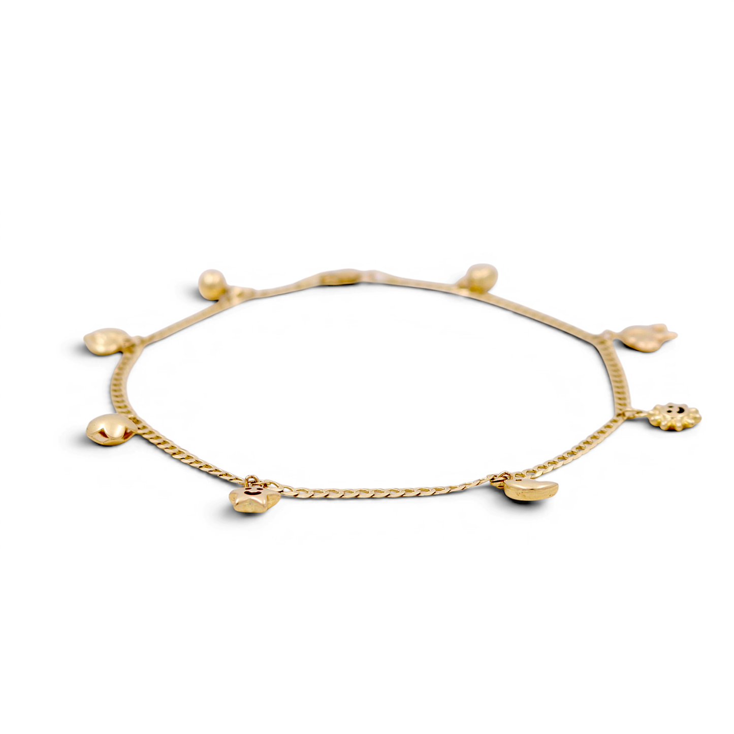 10K Yellow Gold Curb Anklet Bracelet with Hanging Charms / Size: 2.5mm 10" / Weight: 4.3 GR