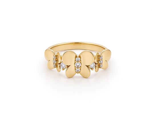 Anillo de tres mariposas para mujer de oro amarillo 10K con zirconia / Talla: 7.5 / Peso: 2.2 GR / DQWR0BT-1