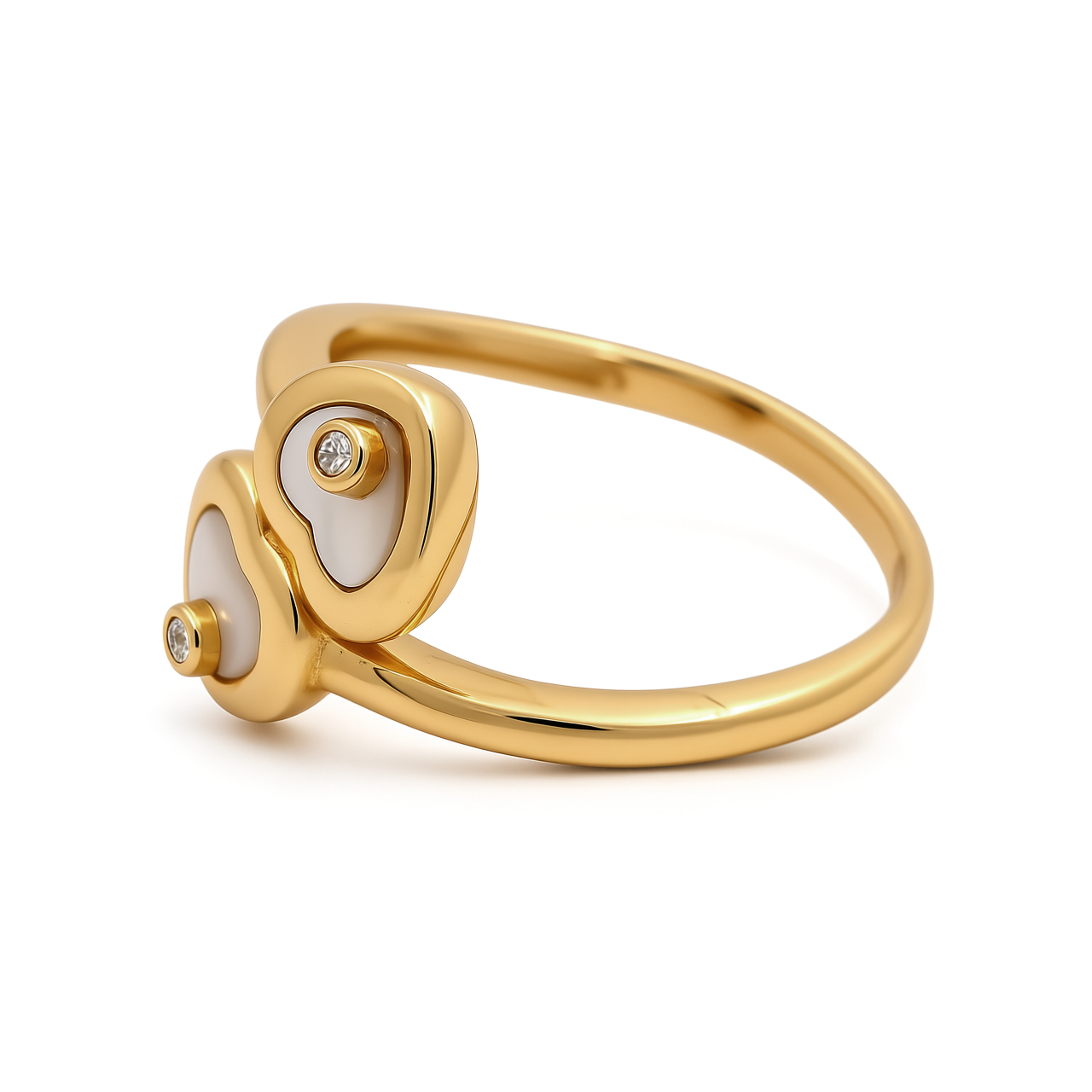 14K Yellow Gold Two Hearts with Mother of Pearl Women's Ring / Size: 7 / Weight: 2.4 GR
