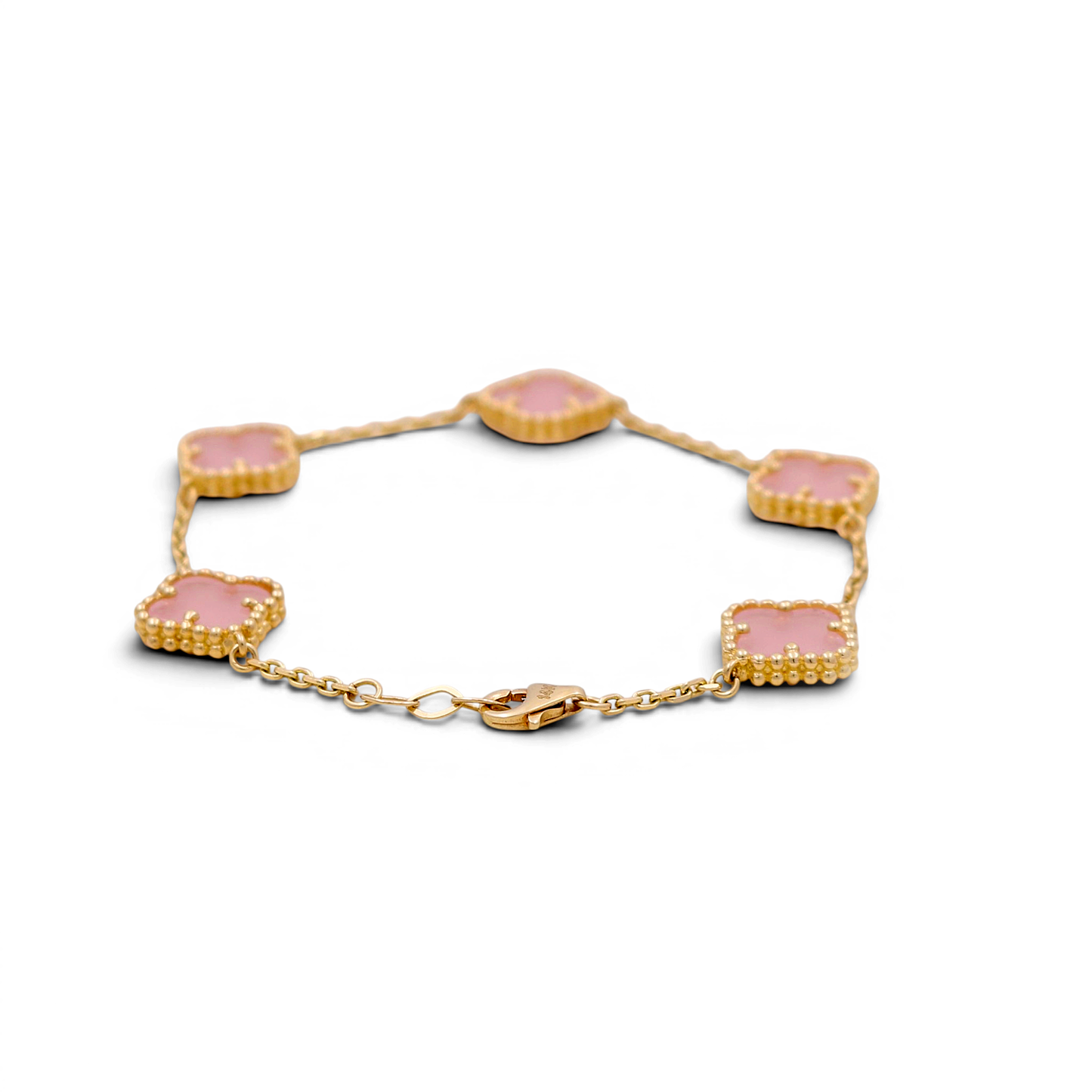 14K Yellow Gold Women's Bracelet with 5 Pink Clover / Size: 7" / Weight: 7.2 GR