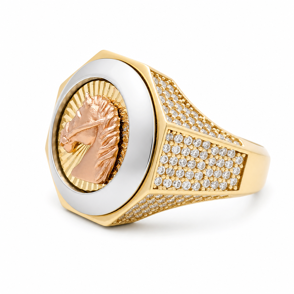14K Yellow, White and Rose Horse Men's Ring with Cz / Size: 9.5 / Weight: 9.1 GR