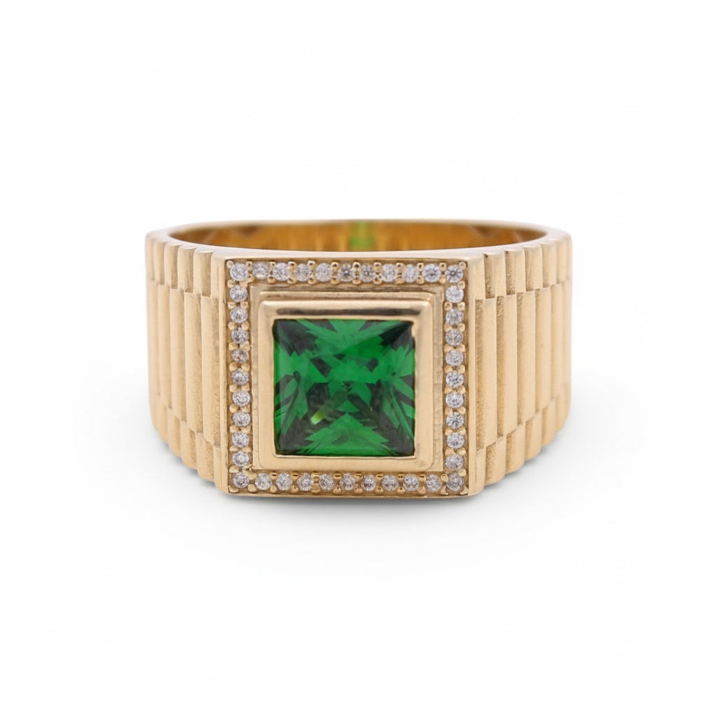 14K Yellow Gold Fashion Square Men's Ring with Green Cz / Size 11 / Weight: 8.9 GR / COMR4FS-74