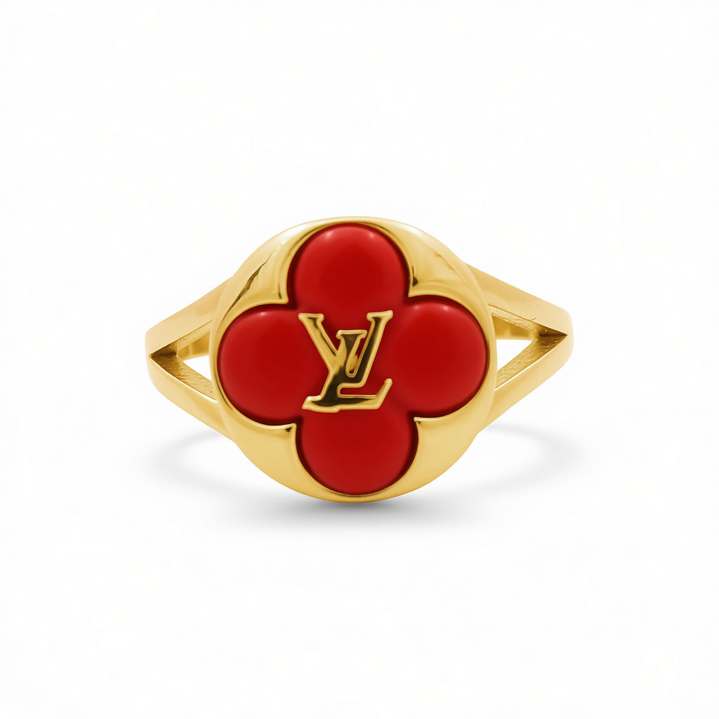 14K Yellow Gold Red Flower LV Women's Ring / Weight 2.4 GR / COWR4FL-1