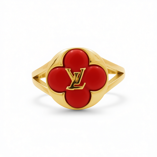 14K Yellow Gold Red Flower LV Women's Ring / Weight 2.4 GR / COWR4FL-1
