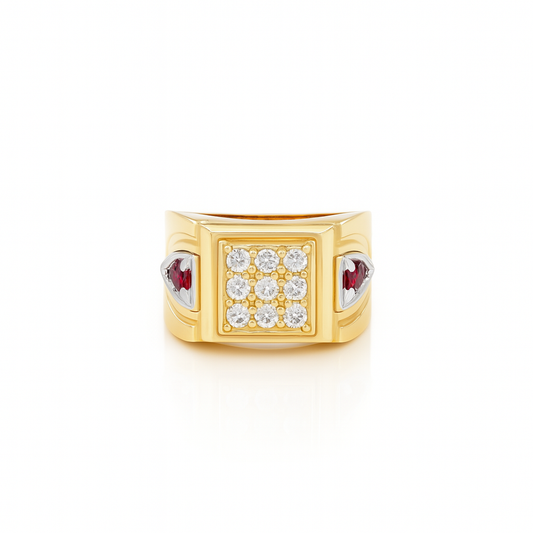 14K Yellow and White Gold Fashion Men's Ring with Red and White Cz / Size: 10 / Weight: 6.2 GR / DQMRTT4FS