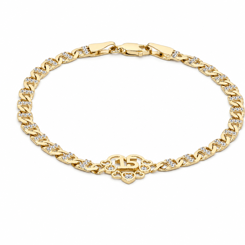 10K Yellow Gold Quinceanera Women's Bracelet with Heart and Cz / Size: 7.5'' / Weight: 5.4 GR / LLBWB0-15