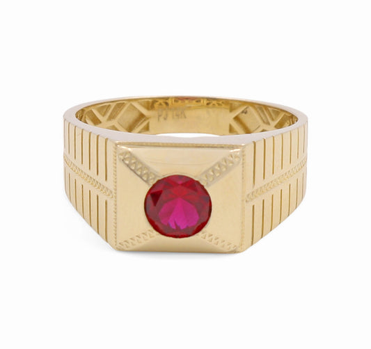 14K Yellow Gold RD Fashion Men's Ring With Red Cz / Size: 12 / Weight: 5.5 GR