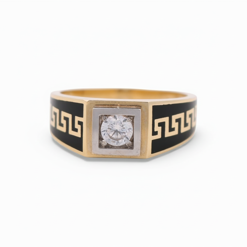 14k Yellow Gold Two Tone Square Men's Ring with Black Enamel and Cz  / Size 12 / Weight: 6.6 GR /COMR4SQTTBECZ