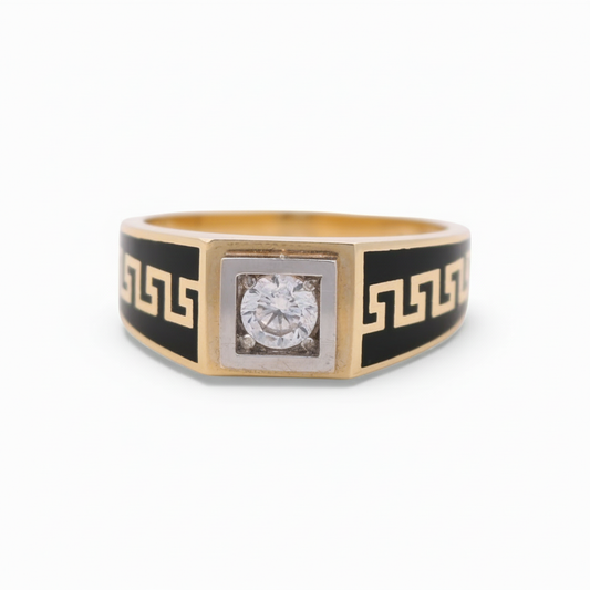14k Yellow Gold Two Tone Square Men's Ring with Black Enamel and Cz  / Size 12 / Weight: 6.6 GR /COMR4SQTTBECZ