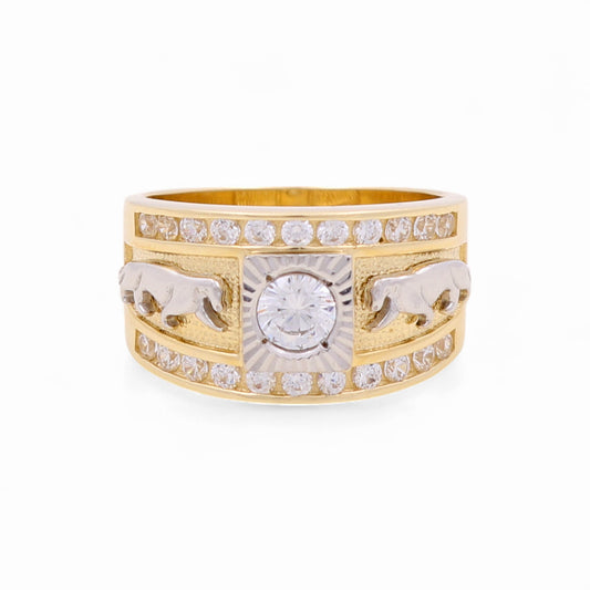 14k Two Tone Men's Ring with Panther and Cz / Size: 10 / Weight: 10.9 GR / COMR4SQTTPTCZ