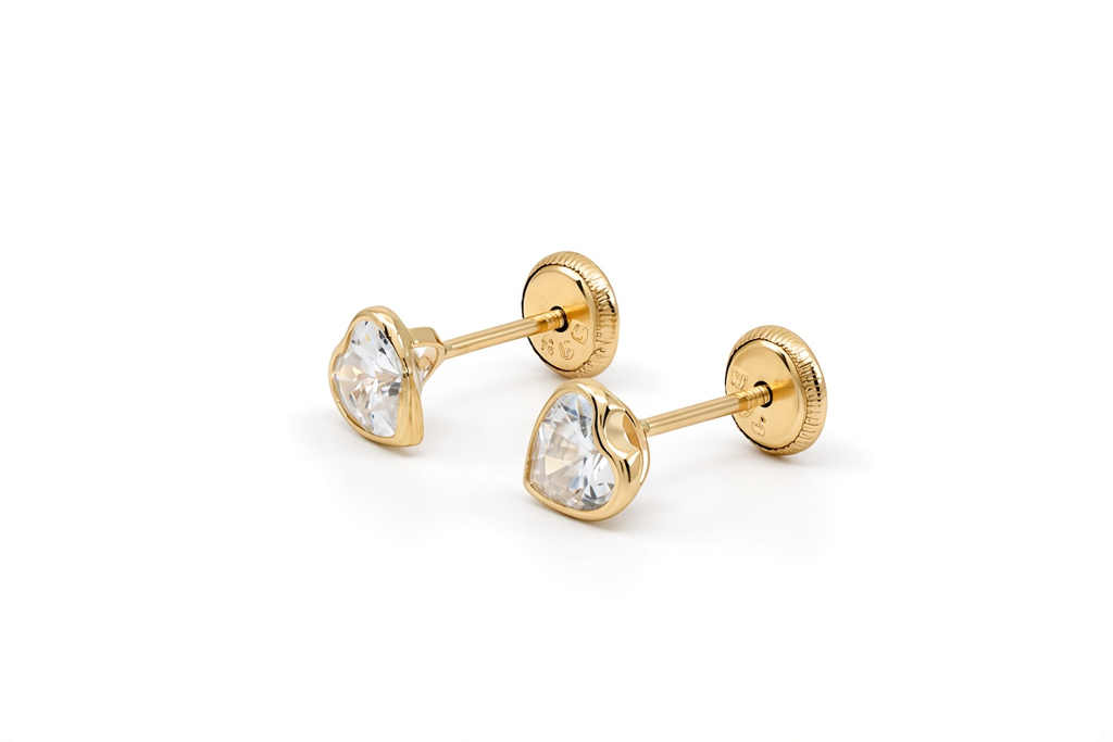 14K Yellow Gold Fashion Heart Stud Earrings with Cz / 6-523501PS5