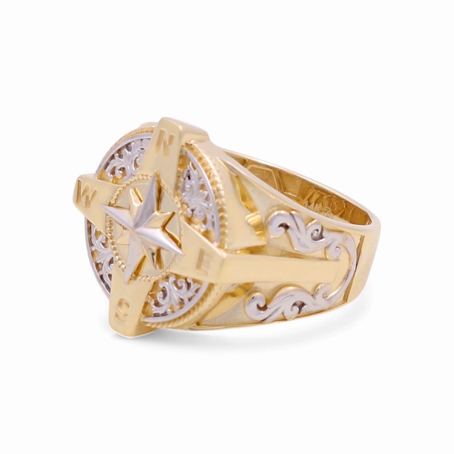14K Yellow and White Gold Compass Men's Ring  / Size: 10 / Weight: 5.8 GR / KEEMRTT4CP