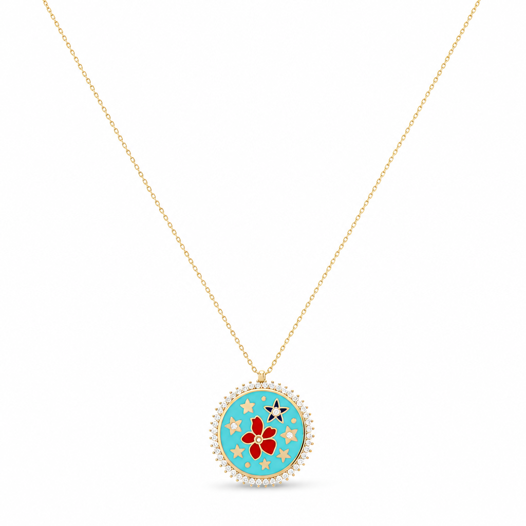 14K Yellow Gold Necklace With Flowers Pendant / Size: 16" / Weight: 5.1 GR / Stone: Cz