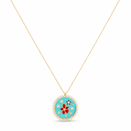 14K Yellow Gold Necklace With Flowers Pendant / Size: 16" / Weight: 5.1 GR / Stone: Cz / CCNK4FL