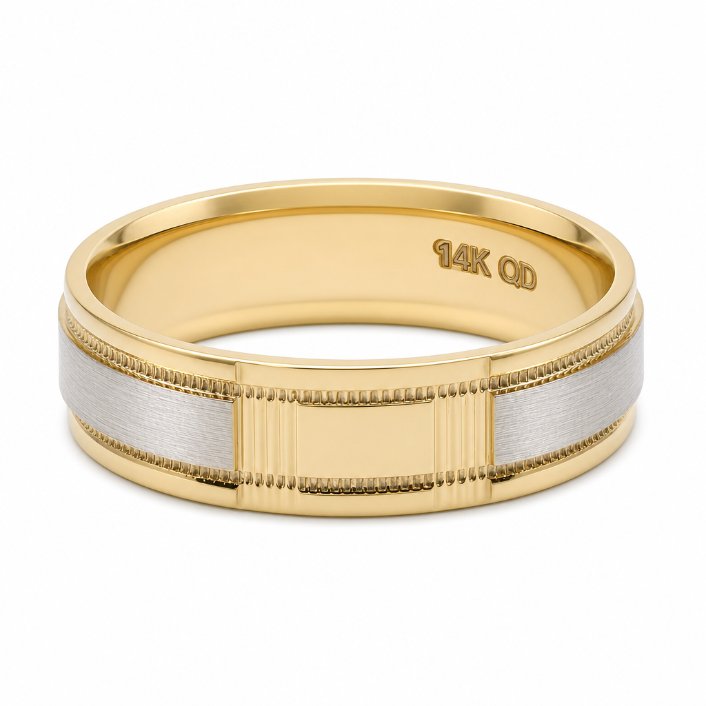 14K Yellow and White Gold Men's Wedding Band With Design / Size: 10 / Weight: 6.2 GR / WBEEMWBTT4DS-2