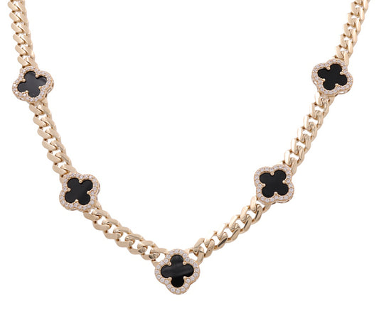 10K C Yellow Gold Monaco Women's Necklace With Onyx Stone Clover / Size: 18" / Weight: 22.4 GR