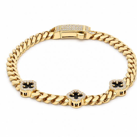 10K Yellow Gold Monaco Women's Bracelet with Three Black Clovers / Cz / Size: 7.5"  5MM / Weight: 10 GR / DOWB0MONCLV-2