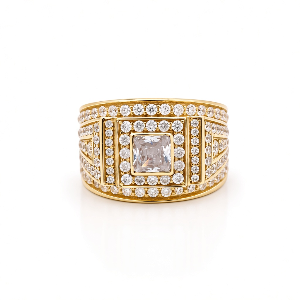 14K Yellow Gold Square Men's Ring with Cz / Size: 10.5 / Weight: 13.1 GR / BOMR4FS-18