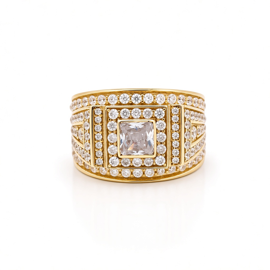 14K Yellow Gold Square Men's Ring with Cz / Size: 10.5 / Weight: 13.1 GR / BOMR4FS-18