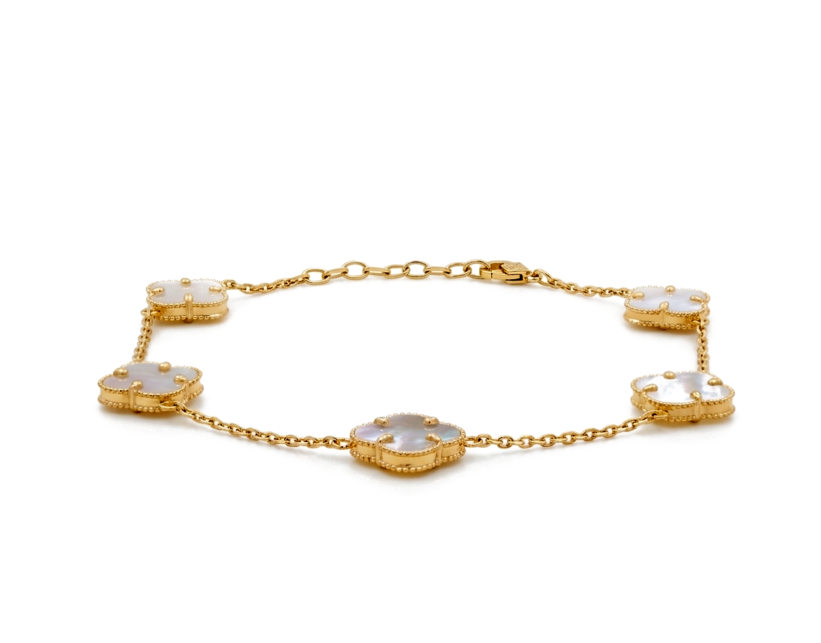 10K Yellow Gold Five mother of Pearl Clover Women's Bracelet / Size: 7.5” 11MM / Weight: 4.3 GR