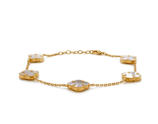 10K Yellow Gold Women's Bracelet with Five Mother of Pearl Clover / Size: 7" 11mm / Weight: 3.9 GR