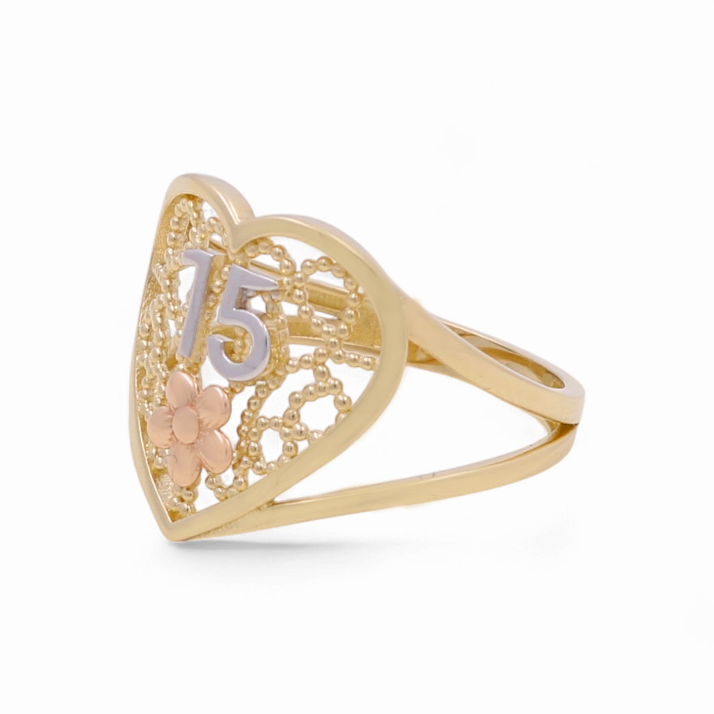 14K Yellow, White and Rose Gold Quinceañera Women's Ring with Heart / Weight: 2.3 GR / Size:7 / CPWR3T4-HR15