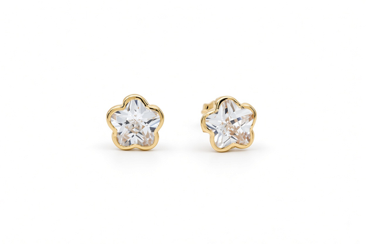 14K Yellow Gold Fashion Flower Stud Earrings with Cz / 6-756901PS7