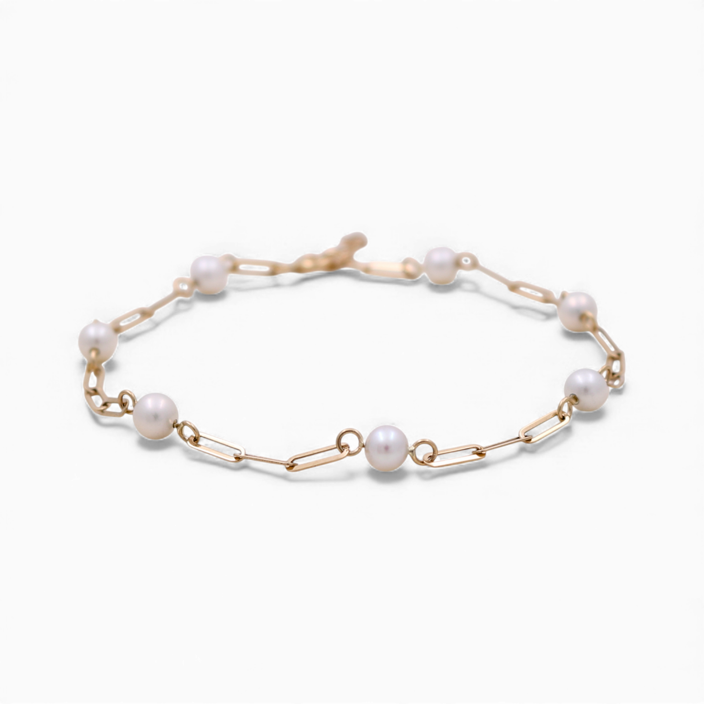 14k Yellow Gold Fashion Paper Clip Women's Bracelet with Balls and Pearl / Size: 7 " / Weight:1.7 GR / CCFWB4PC-1