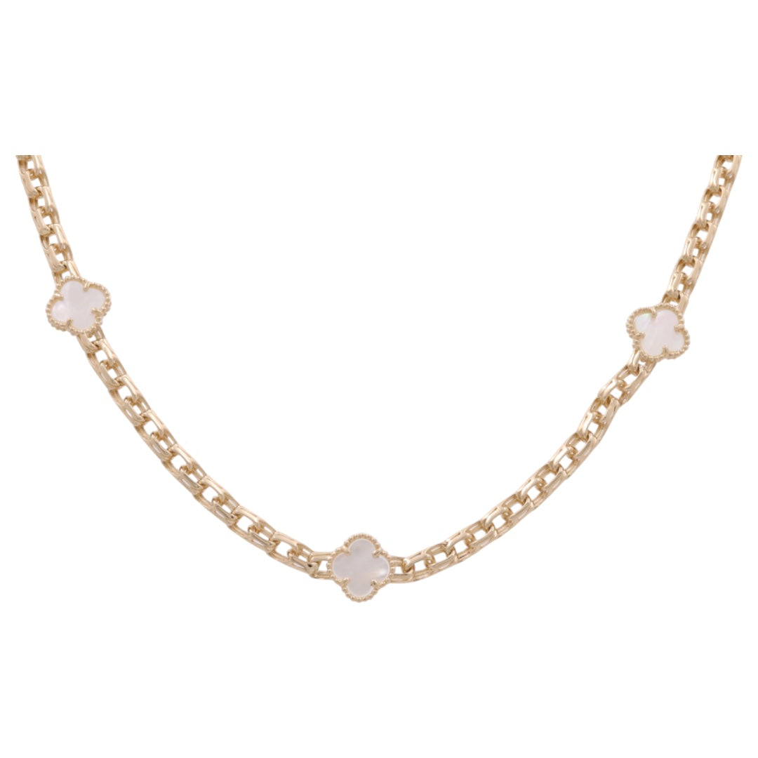 14K Yellow Gold White Clover with Chinese Link Necklace / Size: 18” / Weight: 17.6 GR / BONK4CLV-2