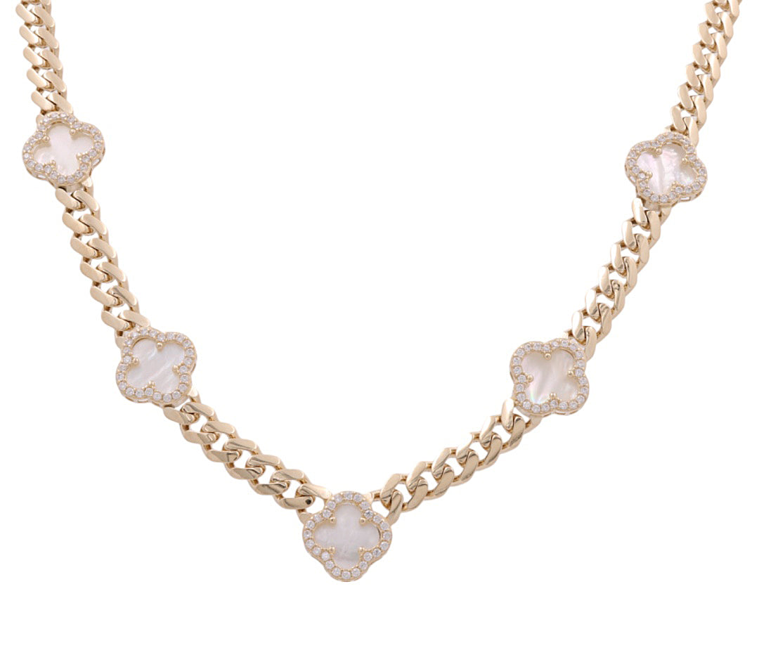 10K Yellow Gold Monaco Women's Necklace with Five Mother of Pearl Clovers / Cz / Size: 18.5" / Weight: 20.8 gr / DONK0MONCLV-1