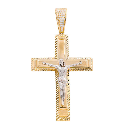 14K Yellow and White Gold Cross with Christ Pendant / Stone:Cz / Weight: 8.4GR /COPDTT4CRS-1