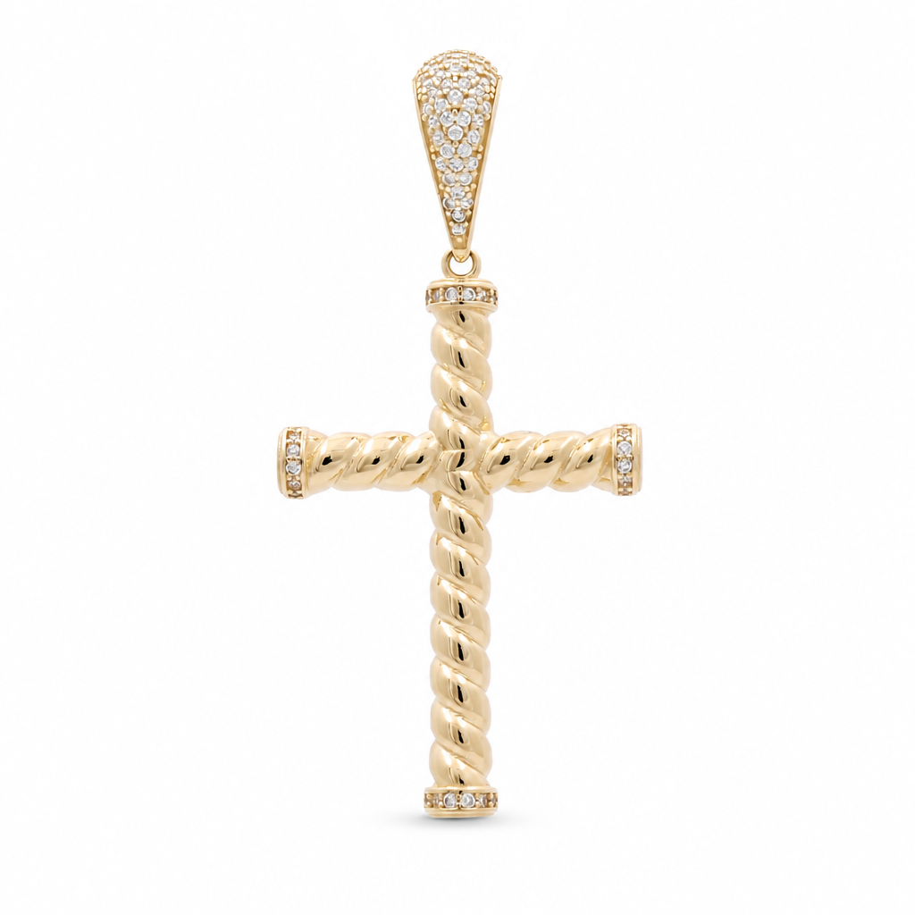 14K Yellow Gold Twist Cross Pendant with Cz / Size: 2.15"x1.05" / Weight: 4.1 GR
