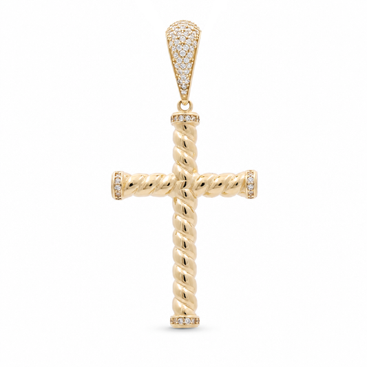 14K Yellow Gold Twist Cross Pendant with Cz / Size: 2.15"x1.05" / Weight: 4.1 GR