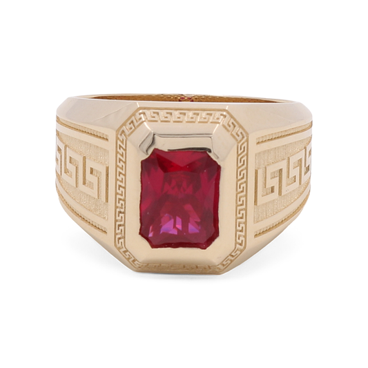 14K Yellow Gold Men’s Red Stone Ring / CZ / Size 10.5 / Weight: 7.0 GR / BOMR4FS-21