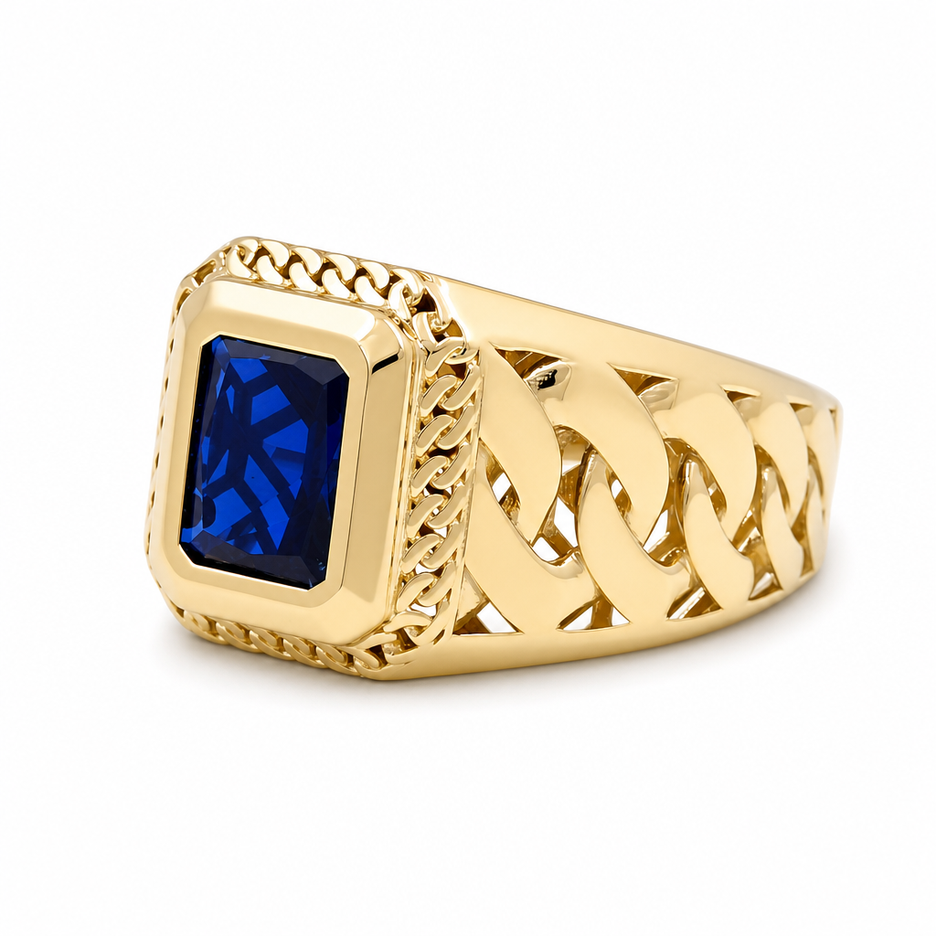 10K Yellow Gold Fashion Men's Ring with Royal Blue Cz Stone/ Size: 12 / Weight: 5.7 GR / DQMR0FS-11